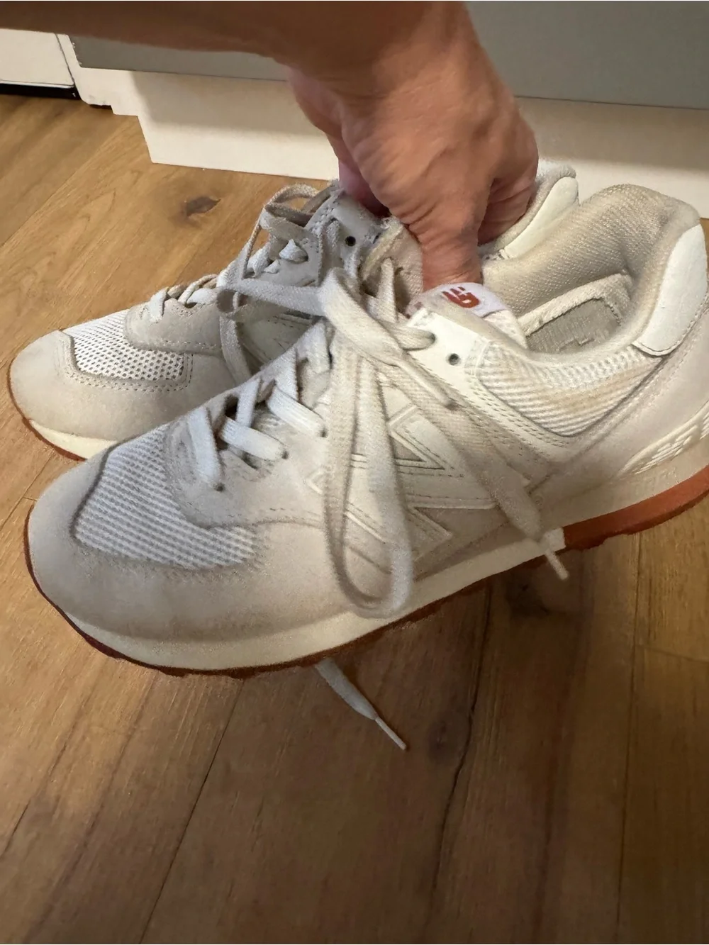 New Balance 574 Women's Cream Lace-Up Sneakers with Orange Accent